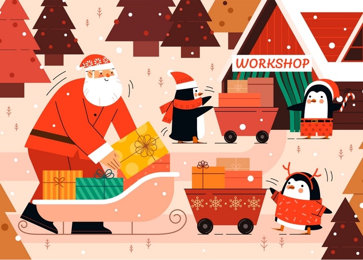 Santa Claus loading a sleigh with gifts as penguin helpers push carts past a snowy workshop cabin