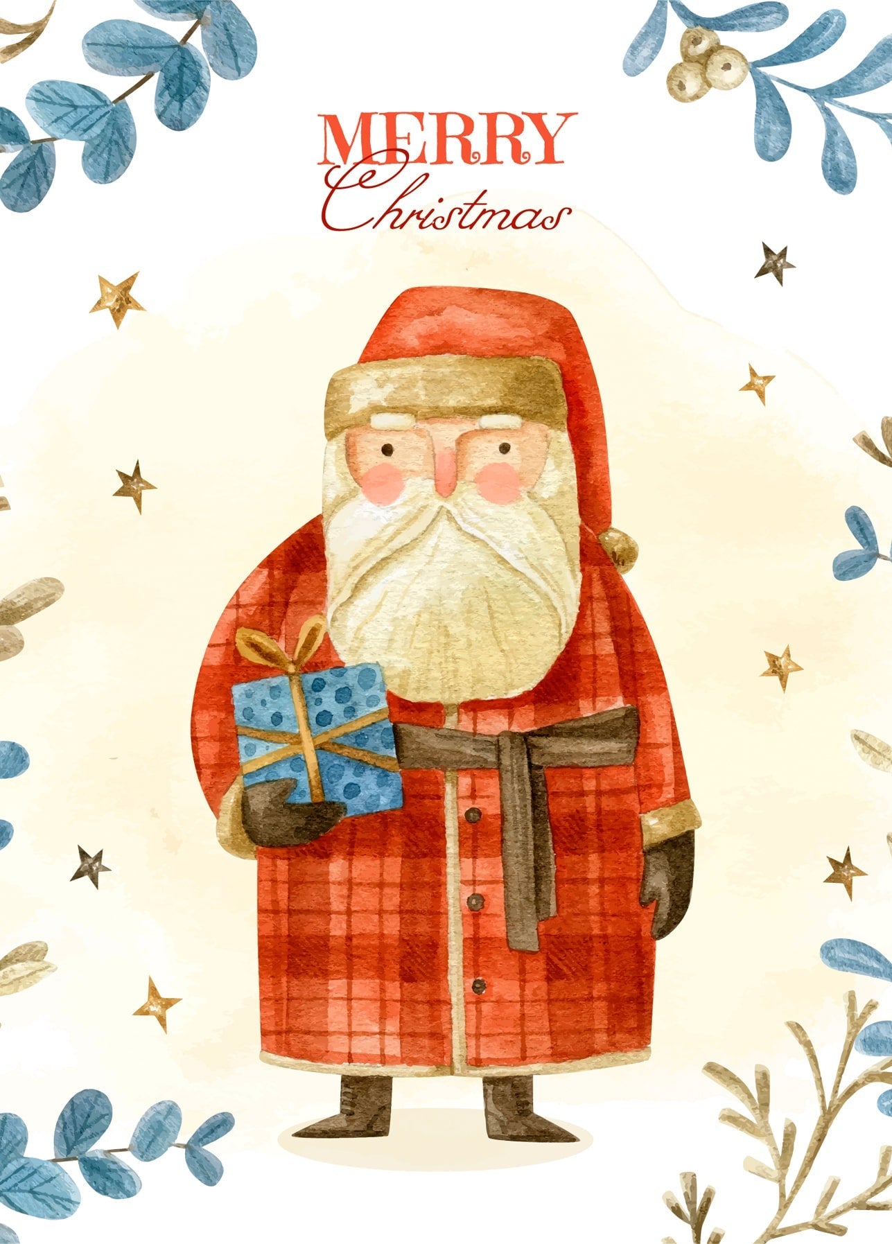 Aquarell-Weihnachtsmann im Karomantel mit Geschenk zwischen Eukalyptuszweigen