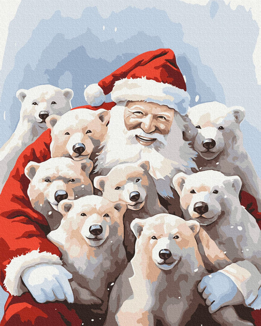 Gesicht des Weihnachtsmanns umringt von pelzigen Eisbärenjungen vor blauem Hintergrund