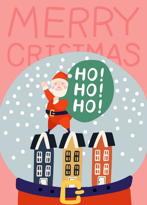 Santa Claus waving from rooftops inside a snow globe, speech bubble reading Ho Ho Ho