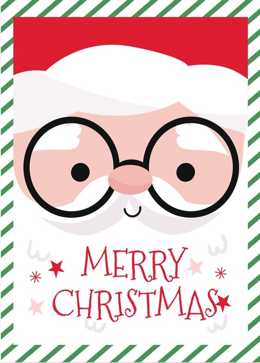 Close-up illustration of Santa Claus wearing round black glasses with a candy-cane striped border
