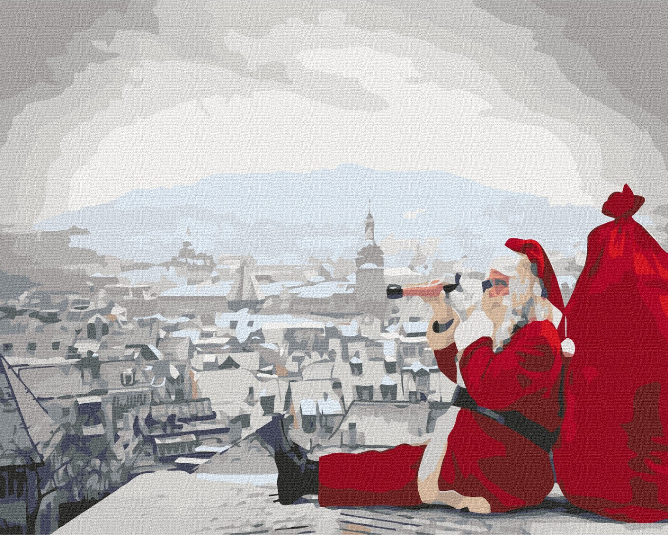 Malen-nach-Zahlen-Motiv vom Weihnachtsmann mit Fernrohr auf einem verschneiten Dach