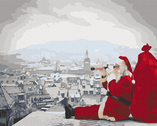 Malen-nach-Zahlen-Motiv vom Weihnachtsmann mit Fernrohr auf einem verschneiten Dach
