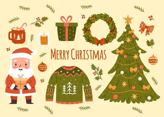 Collage of Santa Claus, a Christmas tree, wreath, cocoa mug, and knit sweater