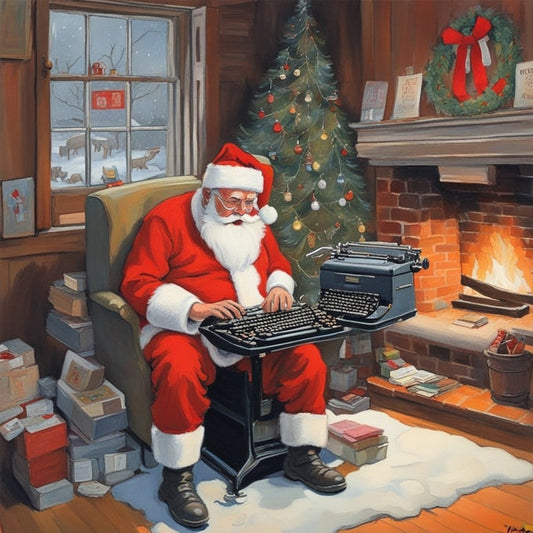 Illustration des Weihnachtsmanns, der Briefe auf einer alten Schreibmaschine am Kamin tippt