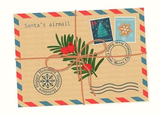 Kraft-paper envelope illustration styled as Santa's airmail with holly, twine and Christmas stamps