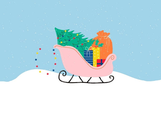 Illustrated pink sleigh loaded with a Christmas tree, gifts, and a sack, string lights beside it in the snow
