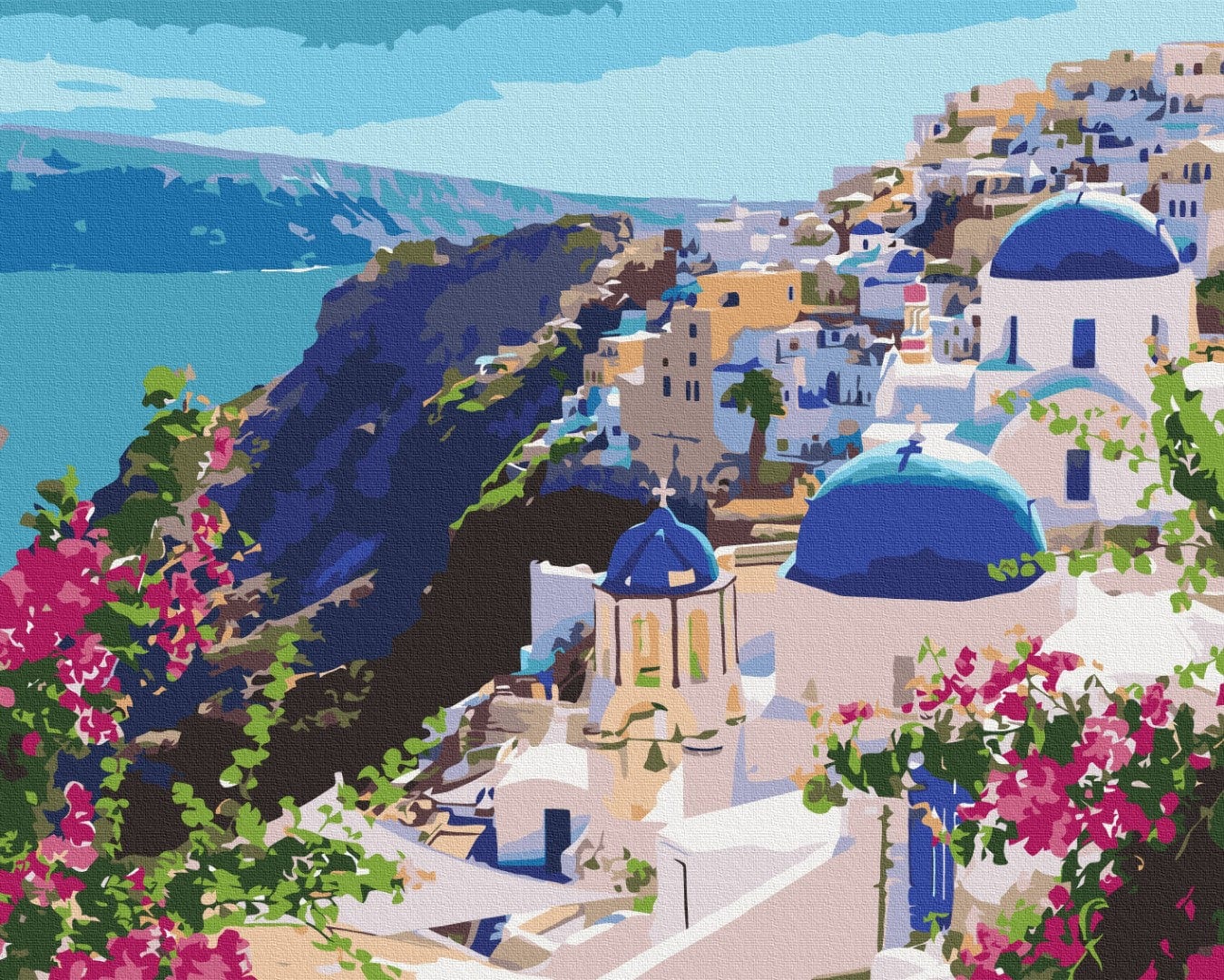 Paint-by-numbers canvas of Santorini's blue-domed churches above pink bougainvillea and the sea