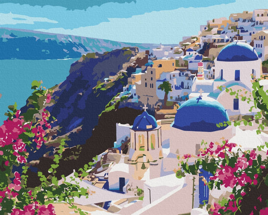 Paint-by-numbers canvas of Santorini's blue-domed churches above pink bougainvillea and the sea