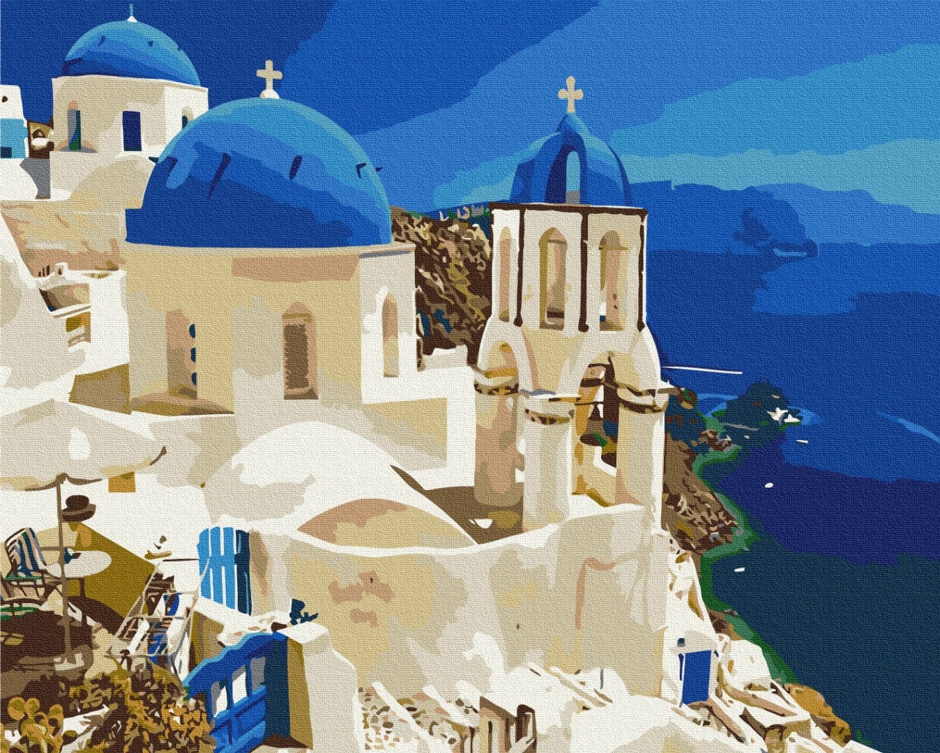 Paint-by-numbers view of Santorini's blue-domed churches overlooking the deep blue Aegean Sea