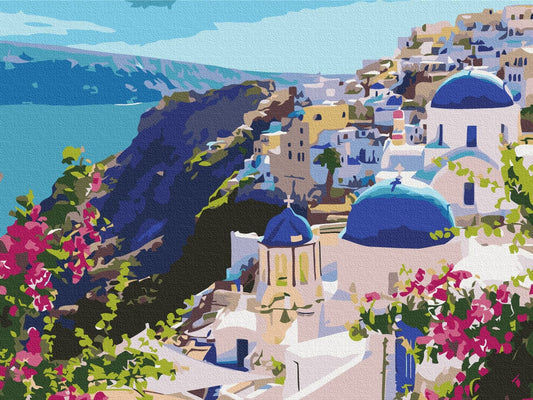 Painted-by-numbers Santorini scene with blue church domes and pink bougainvillea over the sea