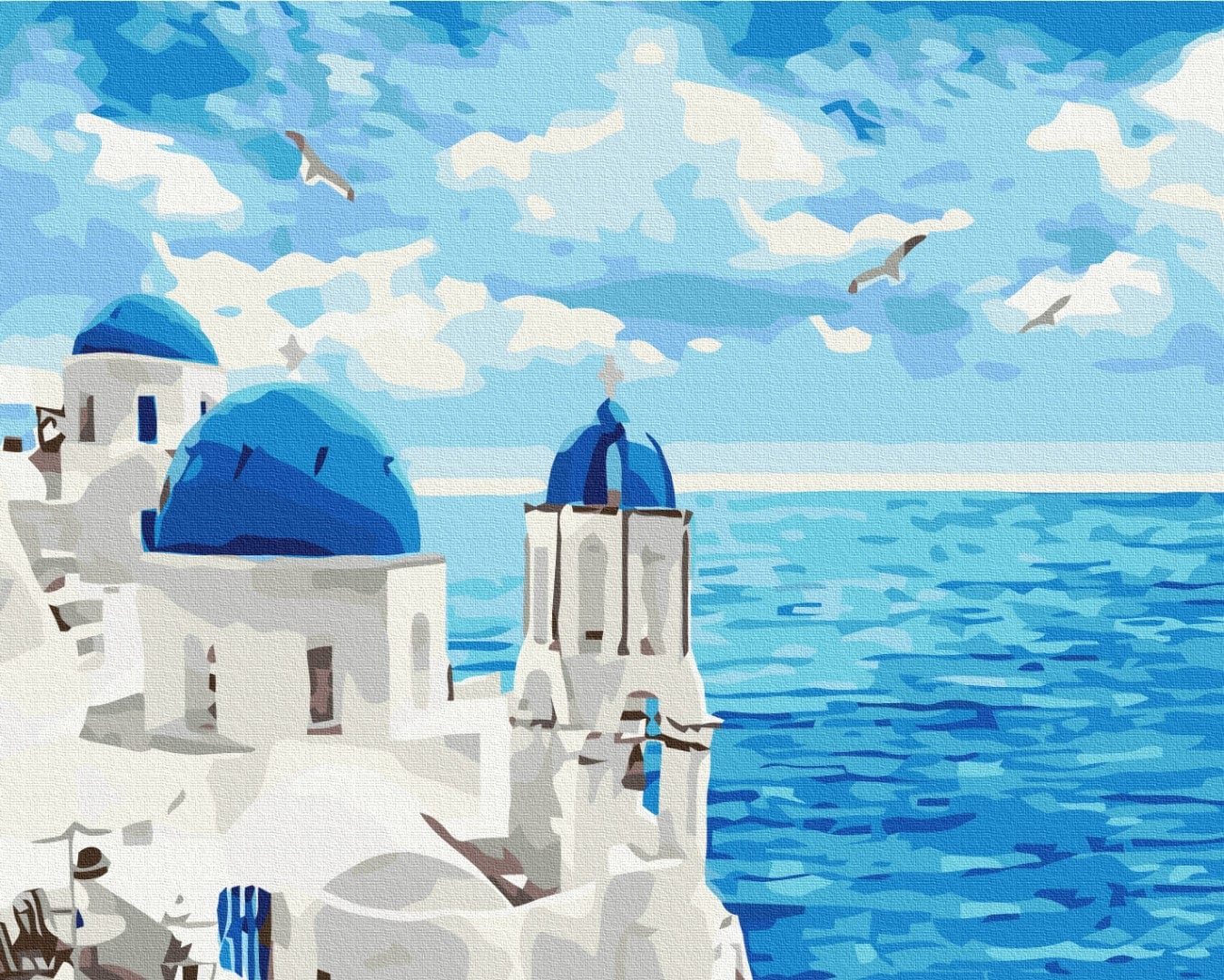 Deep-blue church domes over the Aegean Sea with gulls flying above Santorini's cliffs