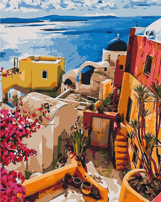 Paint-by-numbers canvas of a Santorini cliffside with a blue-domed church, white houses and pink bougainvillea over the sea