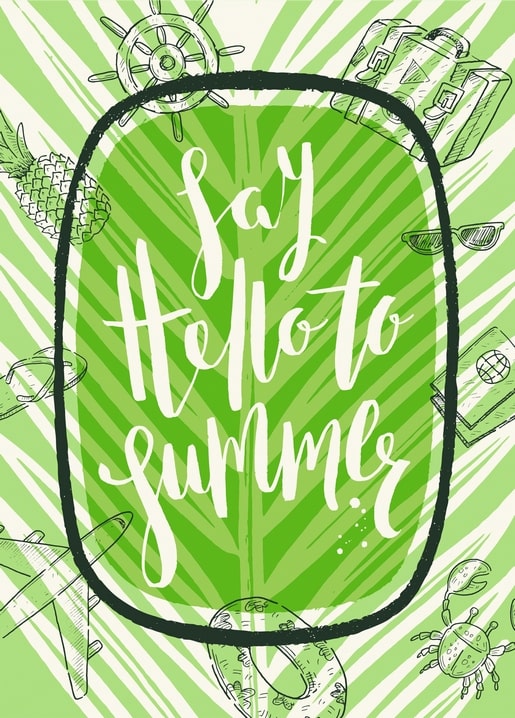 “Say hello to summer” lettering postcard on green palm-leaf pattern with a ship wheel and suitcase