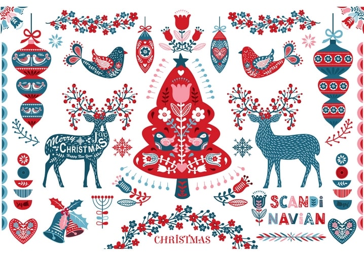 Scandinavian folk-art pattern with red and blue reindeer, birds, and a floral Christmas tree