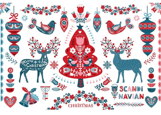 Scandinavian folk-art pattern with red and blue reindeer, birds, and a floral Christmas tree