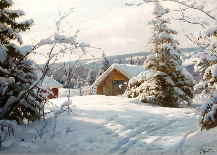 Schneebedeckte Holzhütte im Winterwald mit Fußspuren im Schnee, Peder Mønsted