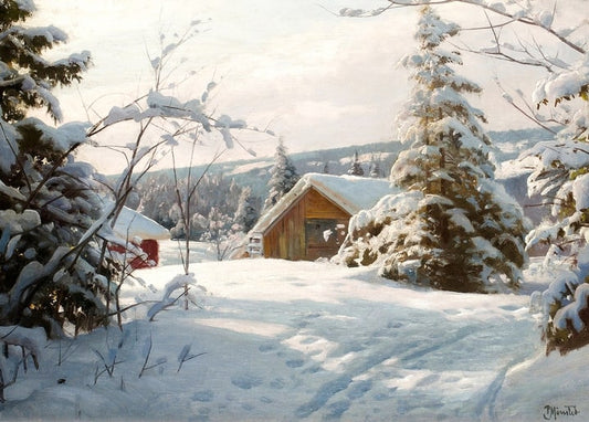 Snow-covered timber cabin in a winter forest with footprints in the snow, Peder Mønsted
