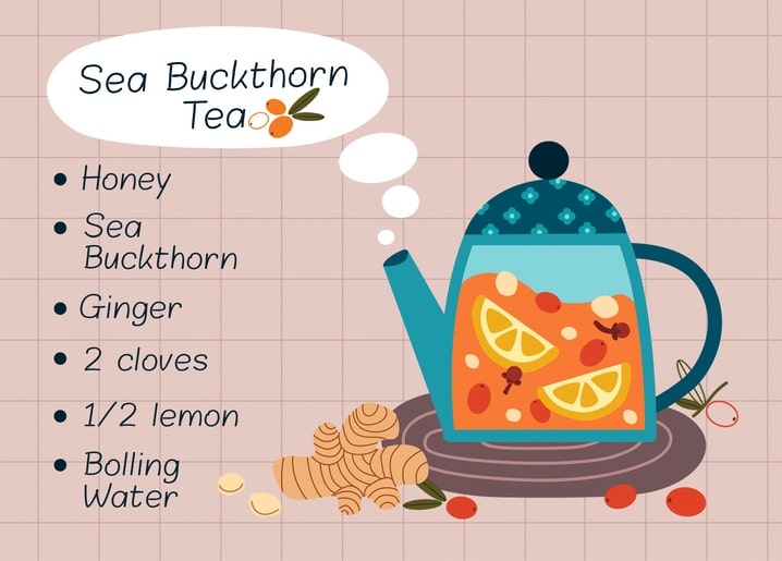 Ілюстрований рецепт чаю з обліпихи: мед, імбир, гвоздика та лимон у чайнику