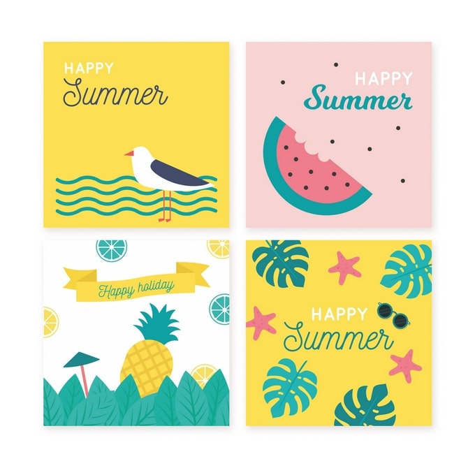 Four summer mini postcards with a seagull, watermelon, pineapple and starfish in sunglasses