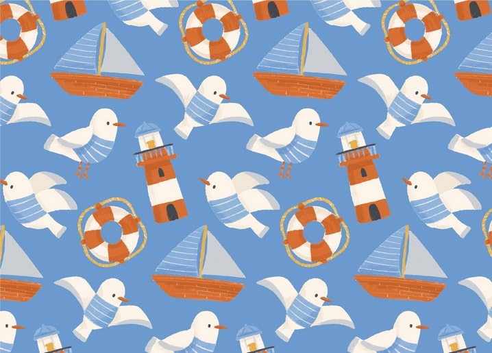 Nautical pattern with seagulls, sailboats, lighthouses, and life rings on blue
