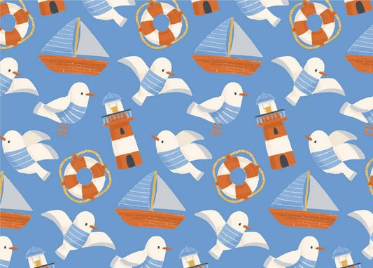 Nautical pattern with seagulls, sailboats, lighthouses, and life rings on blue