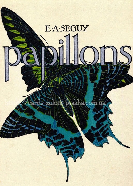 Titelblatt von E. A. Séguys „Papillons“ mit großem türkis-grünem Schwalbenschwanz