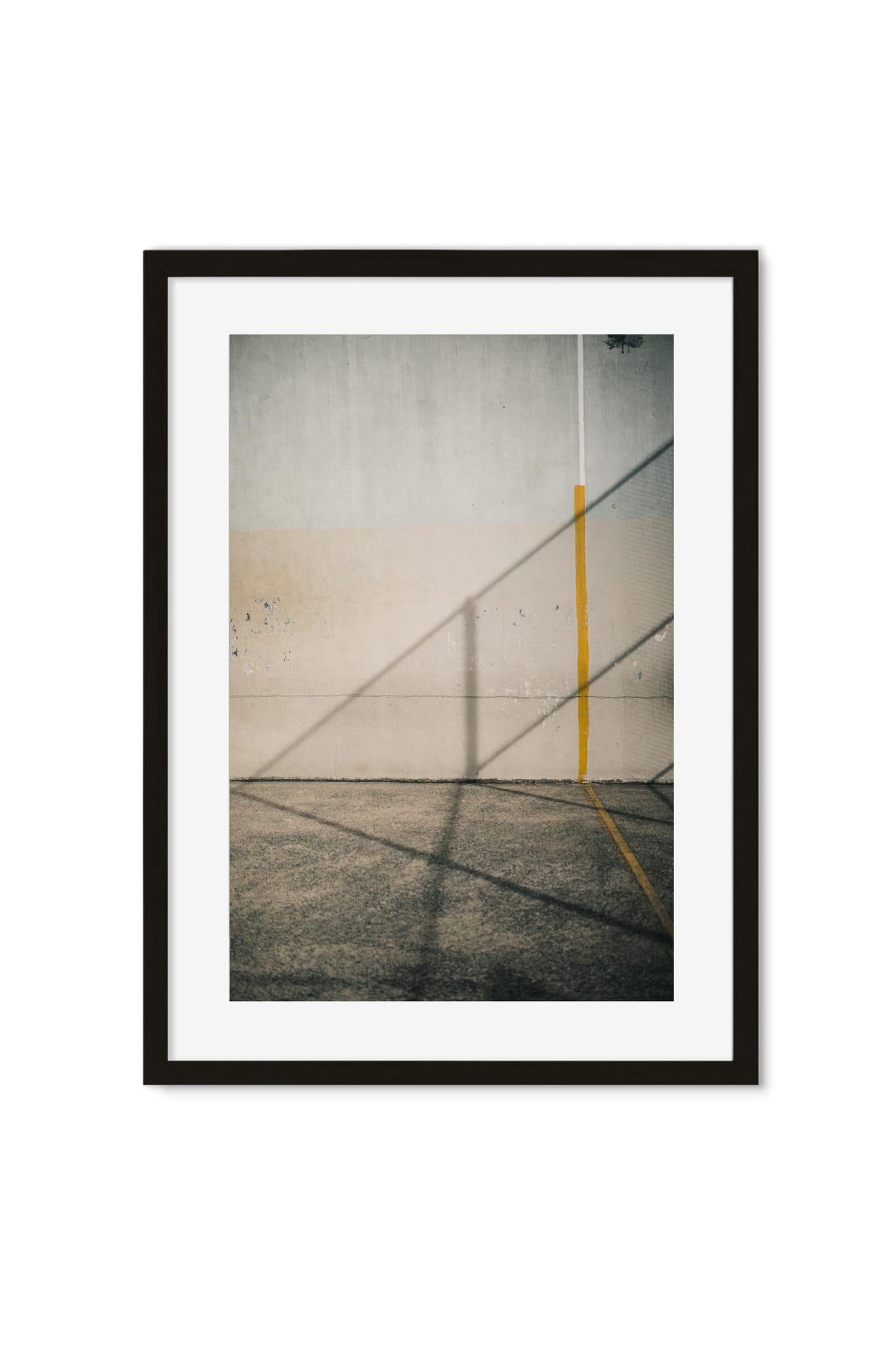 Poster of diagonal fence shadows and a yellow pole on a sunlit wall