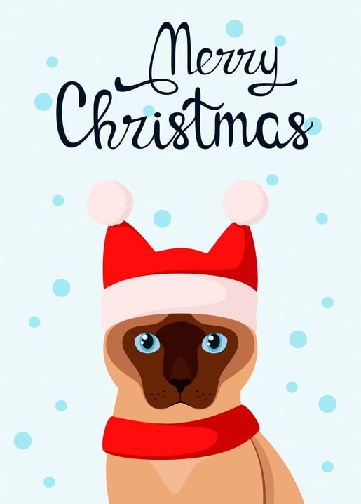 Illustrated Siamese cat wearing a pom-pom Santa hat and red scarf on a Christmas postcard