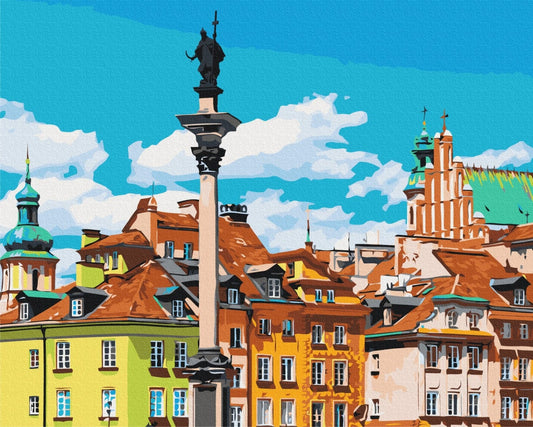 Sigismund's Column rising above the colorful rooftops of Warsaw's Old Town