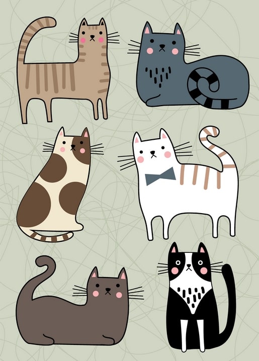 Sechs illustrierte Katzen in verschiedenen Farben und Mustern im Raster