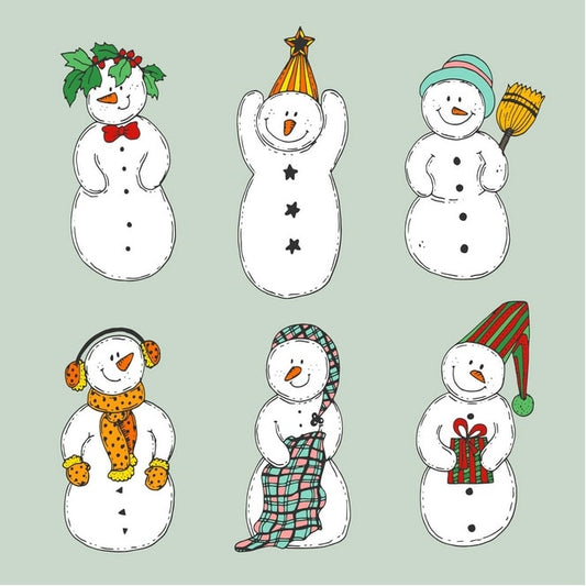 Six illustrated snowmen, each wearing different winter hats, scarves, or mittens, on a sage green background