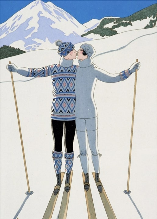 Art-déco-Illustration eines Paares in gleichen Skianzügen beim Kuss vor einem verschneiten Berg