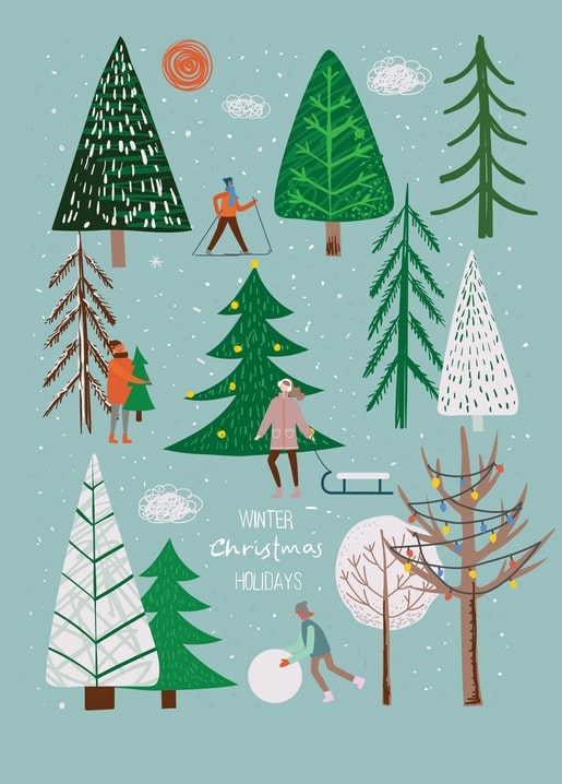 Ein Skifahrer im winterlichen Kiefernwald neben Schneemannbau und Schlittenziehen, Schriftzug Winter Christmas Holidays
