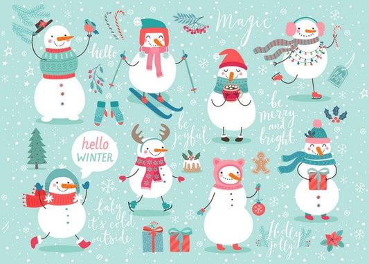 Snowmen skiing, ice-skating and waving beside hand-lettered words like Magic and Hello Winter