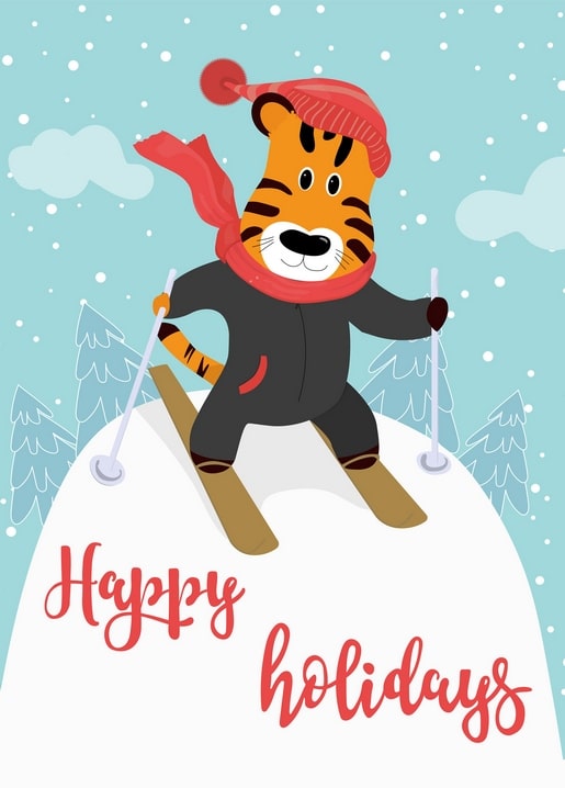 Illustrated tiger cub skiing downhill in a red hat and scarf between pine trees
