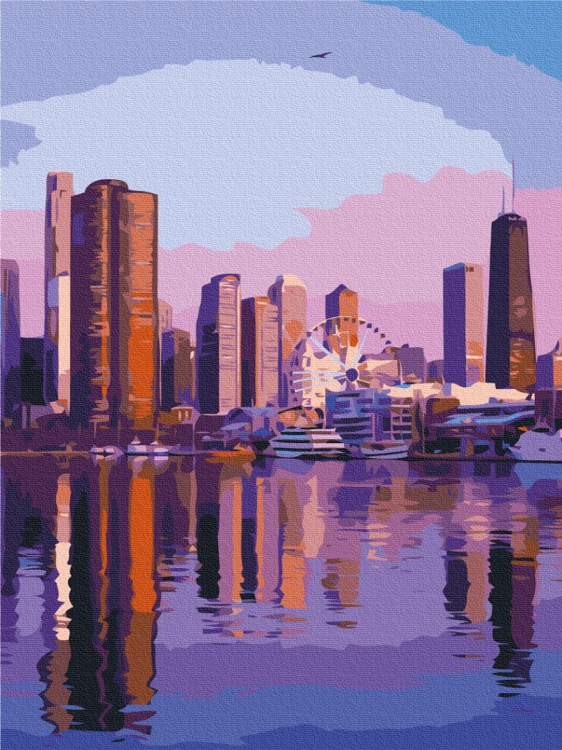 Paint-by-numbers cityscape with a Ferris wheel and skyscrapers reflected in purple dawn water