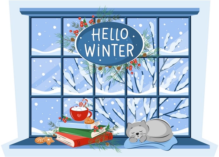 Gray cat sleeping on a windowsill with books, cocoa, and a “Hello Winter” sign among snowy branches