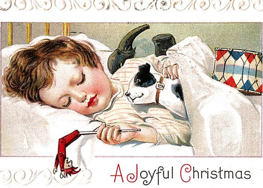 Schlafendes Kind mit Hund im Schlafanzug und Spielzeugsoldat, Vintage-Weihnachtspostkarte