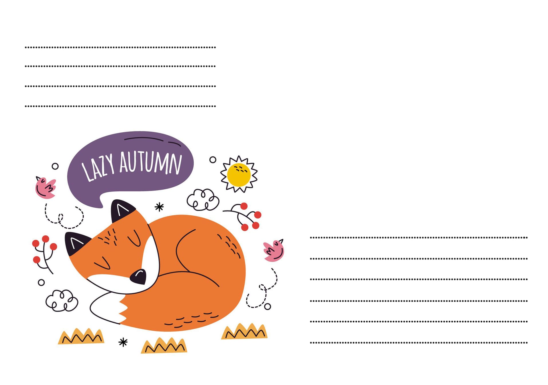 Illustrierter schlafender Fuchs mit Vögeln, Sonne und roten Beeren im Herbst