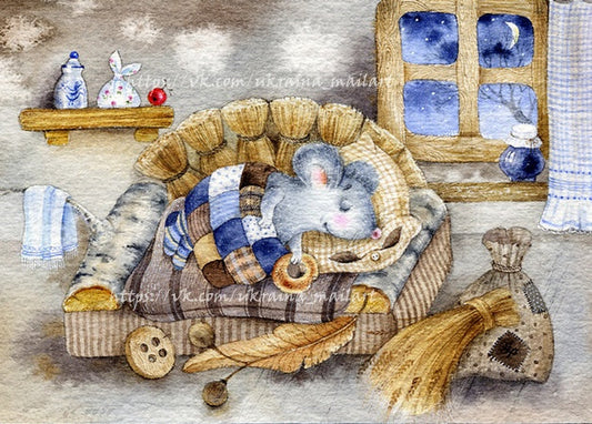 Ілюстрація мишки, що спить у клаптиковому ліжечку біля вікна з місяцем і полицею з глечиками