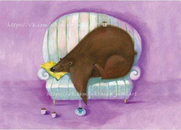 Illustration of a bear napping on a striped sofa with cupcakes and a cup of coffee on the floor