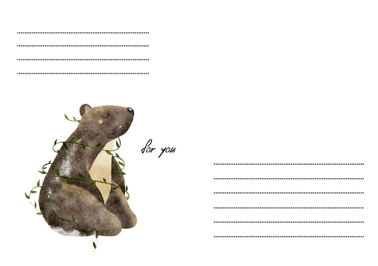Aquarell-Bär mit cremefarbenem Bauchfleck, eingehüllt in Ranken, Aufschrift „for you“