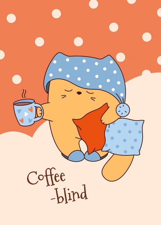 Sleepy ginger cat in a polka-dot nightcap holding coffee and a red pillow