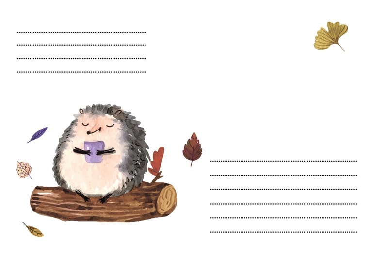 Watercolor envelope with a sleepy hedgehog holding a cup on a log among ginkgo and oak leaves
