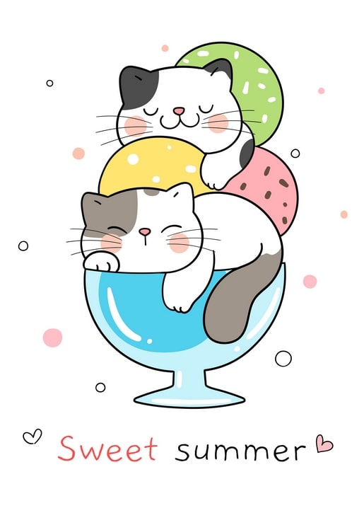 Illustrated postcard of two kittens napping like ice cream scoops in a glass bowl