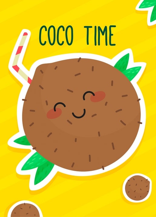 Smiling coconut character sipping a straw next to “Coco Time” lettering on yellow stripes