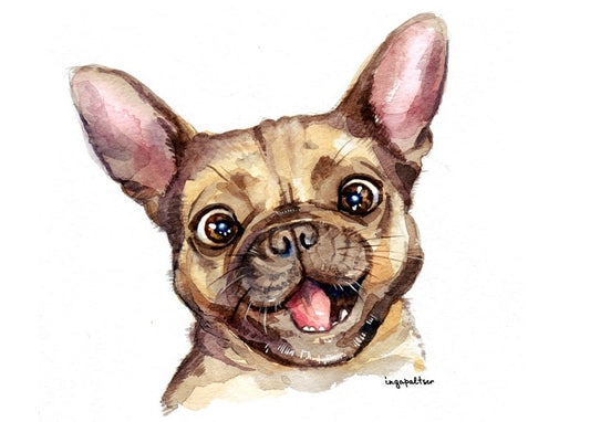 Watercolour portrait of a smiling French Bulldog puppy with big ears and tongue out