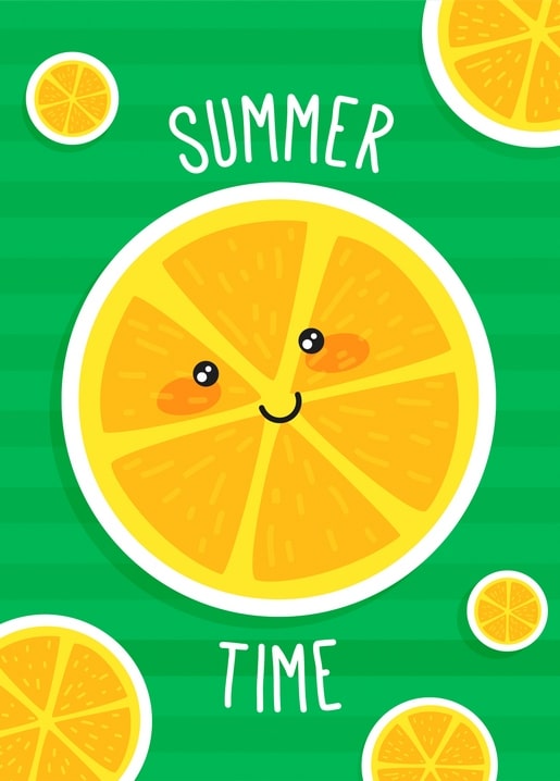 Smiling orange slice character between “Summer” and “Time” lettering on a green background