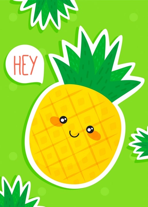 Smiling pineapple character waving with a ‘Hey’ speech bubble on a green background